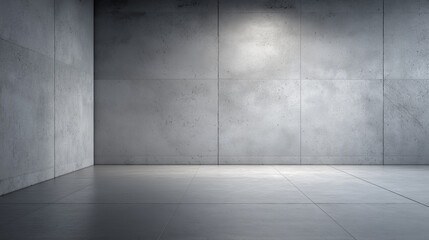 A minimalist concrete room features a bare wall and floor, illuminated by natural light entering from an unseen opening on the right.
