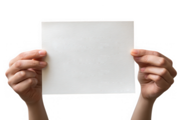 Two hands holding blank white paper square isolated on transparent background