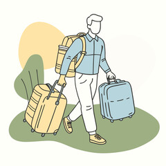 Traveler with luggage at airport customs. Person carries multiple bags during travel.  Man with backpack and suitcases going through customs control.