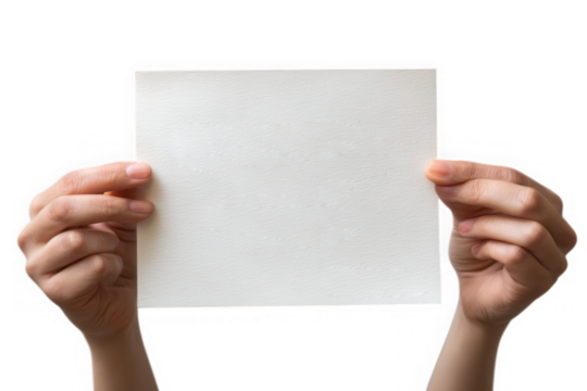 Two hands holding blank white paper square isolated on transparent background - Powered by Adobe