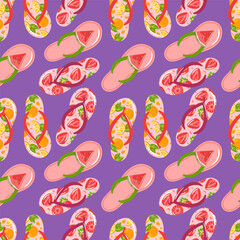 seamless pattern features vibrant flip-flops adorned with playful designs of watermelon, strawberry, and orange. Perfect for capturing the essence of summer fun and warmth in any creative project.