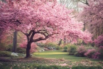 Fototapeta premium Blooming cherry blossom tree illuminating a peaceful park in spring