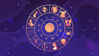 Zodiac wheel on starry sky, space background, horoscope signs vector illustration, twelve astrological symbols