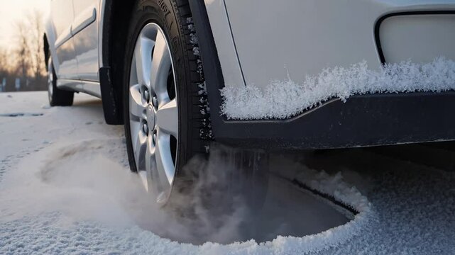 White car stuck in frozen pothole emitting steam on winter road