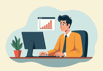 An illustration depictsA man in a yellow jacket seated at a desk, focused on a computer screen with a graph displayed on the screen.