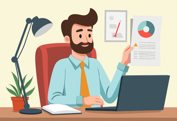 A man with a beard is sitting at a desk, working on a laptop with a printed document in his hand.