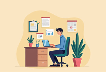 A man is seated at a desk, working on a laptop, with a plant to his right and a clipboard on the left. The background features a calendar and various charts.