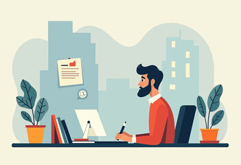 A man with a beard is seated at a desk, working on a laptop with a pen in hand, surrounded by potted plants and a city skyline in the background.