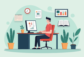 An illustration depictingA man working at a desk with a computer, surrounded by office supplies, plants, and a clock on the wall.
