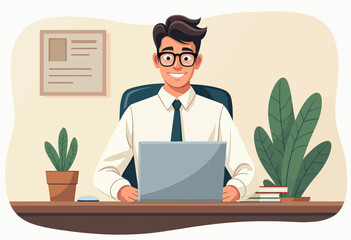 A smiling man in glasses is seated at a desk, working on a laptop, with a potted plant and books in front of him, and a framed document on the wall behind him.