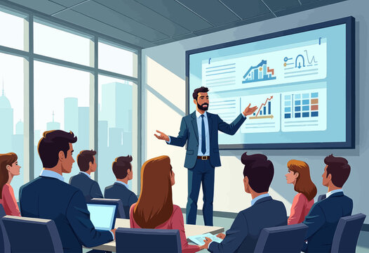 A man in a suit is presenting to a group of business professionals in a conference room, with a large screen behind him displaying charts and graphs.