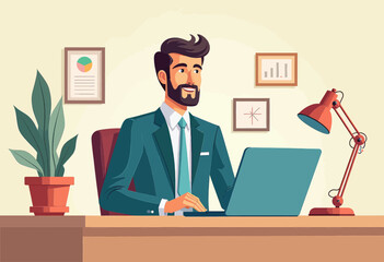 A man in a suit is seated at a desk, working on a laptop with a lamp beside him. The background features a plant, a plant pot, and framed graphs on the wall.