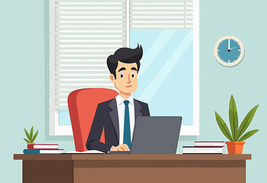 a man in a suit seated at a desk, working on a laptop, with a window, blinds, and a clock on the wall behind him.