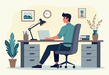 A man is seated at a desk, working on a laptop with a lamp beside him, in a home office setting with a plant, clock, and framed pictures on the wall.