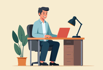 A smiling man is seated at a desk, working on a laptop with a lamp beside him, and a potted plant is to his side.