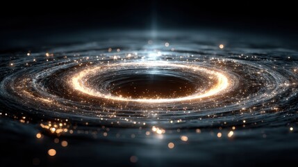 In a vast expanse of deep space, a stunning cosmic spiral takes shape around a black hole. Luminous particles create a mesmerizing display as gas and dust swirl gracefully in the dark.