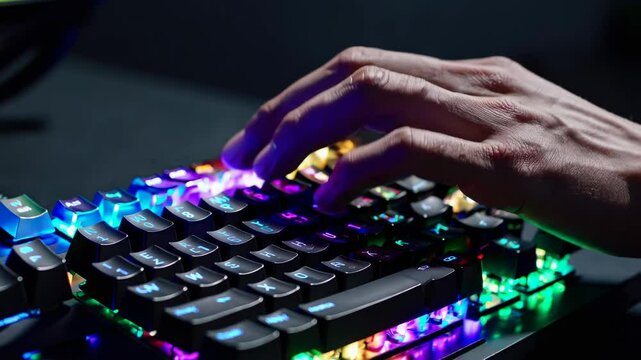 Gamer typing on rgb mechanical keyboard montage