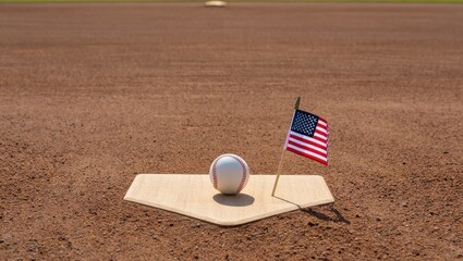Clean baseball and American flag placed beside home plate on dirt field. Minimalistic, symbolic, and patriotic