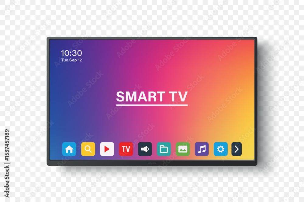 Wall mural vector 3d realistic smart tv interface with apps on screen. flat smart television mockup with remote
