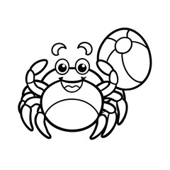 Cute crab playing with beach ball near ocean waves on white background Line art