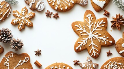 Festive gingerbread cookies arranged on white background, decorated with icing, star anise, pine cones, and sprigs of pine, forming a border around a blank central space