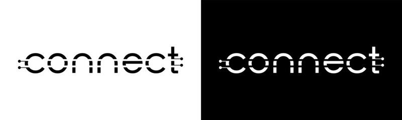 Connect Logo design. Modern wordmark connect with technology elements logo design. In black and white version vector illustration.