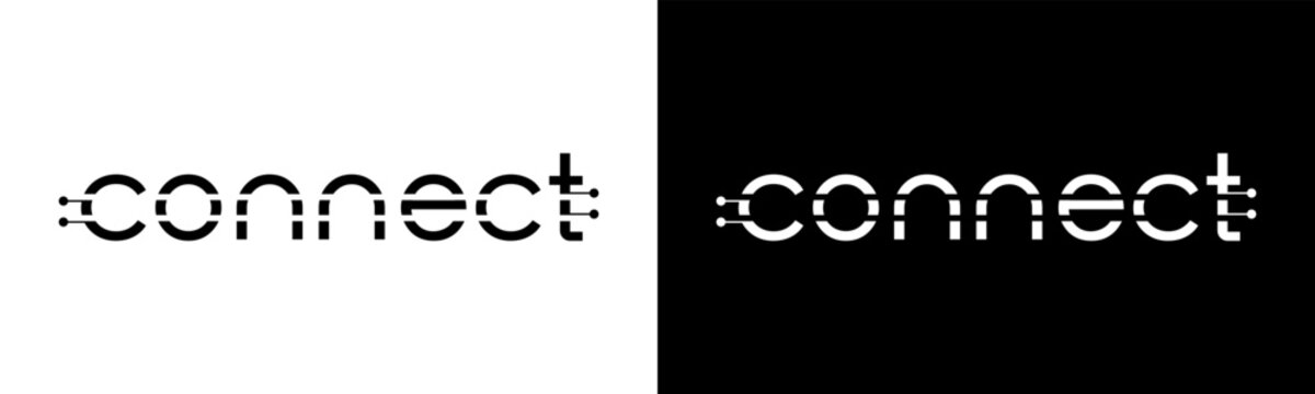 Connect Logo design. Modern wordmark connect with technology elements logo design. In black and white version vector illustration.