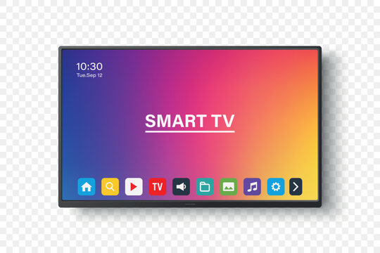 Vector 3d Realistic Smart TV Interface with Apps on Screen. Flat Smart Television Mockup with Remote App Icons, Colorful Home Media Display, Streaming Dashboard, Smart Display Panel, Modern TV