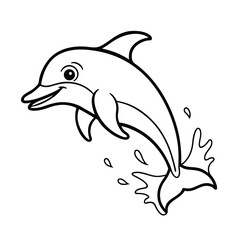 Cute dolphin splashing water near tropical beach on white background Line art