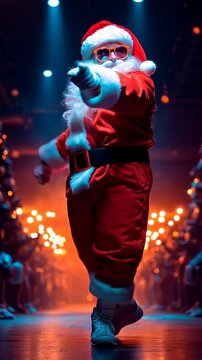 santa claus with style walks in a parade at a fun night party on christmas with music and glamour