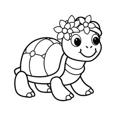 Cute turtle wearing flower crown moving on soft sand on white background Line art