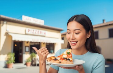 Attractive Woman Taking a Bite of Pizza Then Pointing to the Pizzeria She Loves Most With a Smile That Encourages Everyone to Try It Too