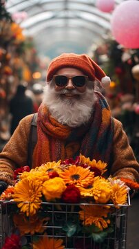 hipster style santa claus walking in a shopping area with a shopping cart filled with flowers on christmas eve