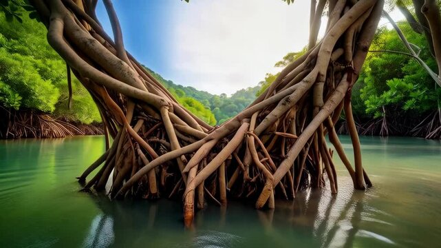 Heart shaped tree roots forming a natural frame over serene lagoon landscape with green forest background - Powered by Adobe
