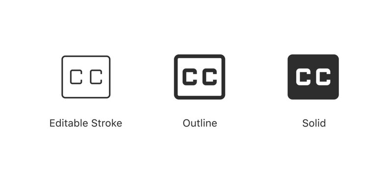 Closed caption icons CC sign Perfect for video player interfaces, subtitles, accessibility features, media, and streaming platforms | in editable stroke, outline, and solid