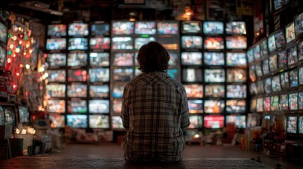 Fototapeta premium Person sits quietly in a relaxed position, surrounded by an array of vintage televisions.