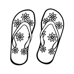 Pair of flip flops decorated with floral patterns on white background Line art