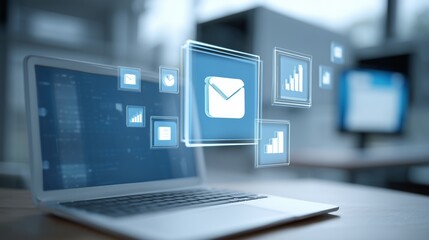 A laptop with an icon floating around. contact information icon like mailbox, folder icons, charts cybersecurity lock icon and data 