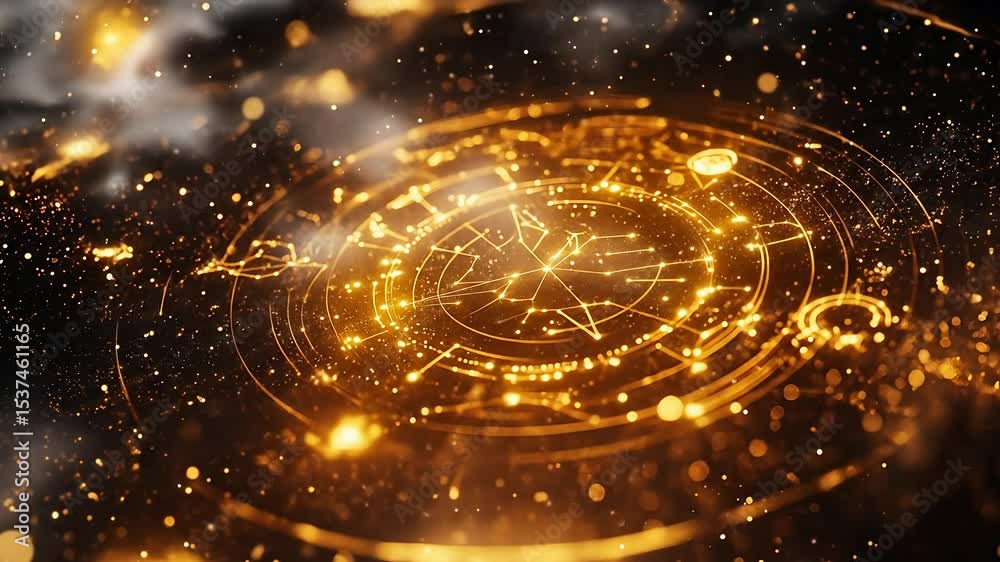 Poster golden celestial swirls and constellations rotate, creating a cosmic dance of light and energy, symb