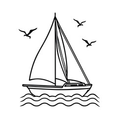 Sailboat with seagulls flying above under clear sky on white background Line art
