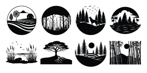 Silhouettes of nature scenes on white background