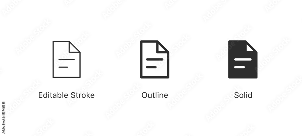Poster file and document icons | paper sheet with horizontal lines icon | in editable stroke, outline, and solid | for data management, reports, and app interface designs