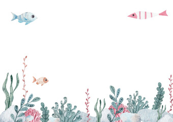 Watercolor rectangle template with fish, seaweed and bubbles. white background. Hand drawn nautical frame with space for text is perfect for invitations, children's artwork or ocean themed projects