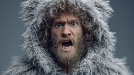 A man with a wild expression wears a thick, furry hooded outfit while positioned against a plain background. His intense stare and open mouth suggest strong emotion or a call to action.