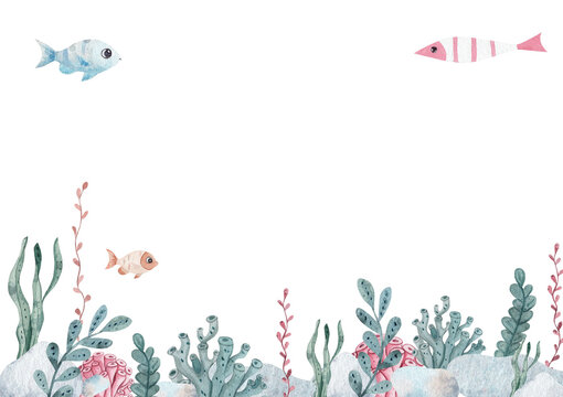 Watercolor rectangle template with fish, seaweed and bubbles. white background. Hand drawn nautical frame with space for text is perfect for invitations, children's artwork or ocean themed projects