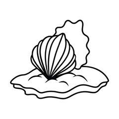 Seashell collection resting on sandy patch near ocean on white background Line art