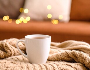 Taza humeante sobre manta tejida en sofá