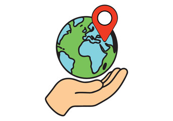 Minimal vector concept showing a hand holding a globe symbolizing worldwide travel and location choice.