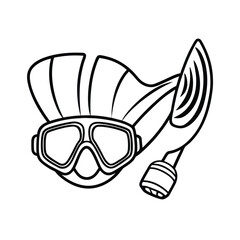 Snorkeling mask and fins arranged for tropical dive on white background Line art