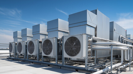 Multiple large industrial air conditioning and ventilation units are installed on the rooftop of a commercial building under a clear blue sky. 